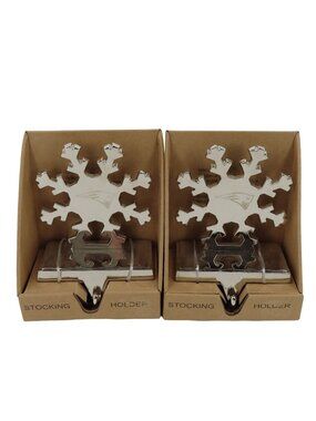 New England Patriots Pair of 2 Silver Snowflake Christmas Stocking Holders NEW